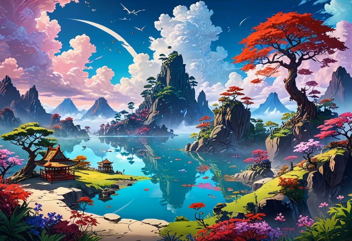 A surreal landscape depicting a vibrant, imaginative world with whimsical characters inspired by adult animation, showcasing an array of unique fetishes in a playful yet artistic manner. The background features a colorful, dreamlike sky with fantastical elements, while the foreground has creatively exaggerated characters and erotic art styles intertwining. Incorporate hints of Japanese culture and anime aesthetics to capture the essence of hentai art. This scene should be both intriguing and tasteful. vibrant colors. 3D.